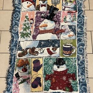 Vintage Snowman Woven Tapestry Throw Blanket – Winter Holiday Fringe